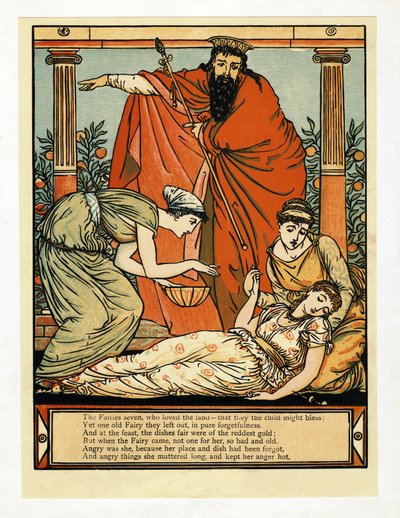 En ze valt neer in een doodachtige slaap, uit Het Blauwbaard Prentenboek, uitgegeven 1879 door Walter Crane